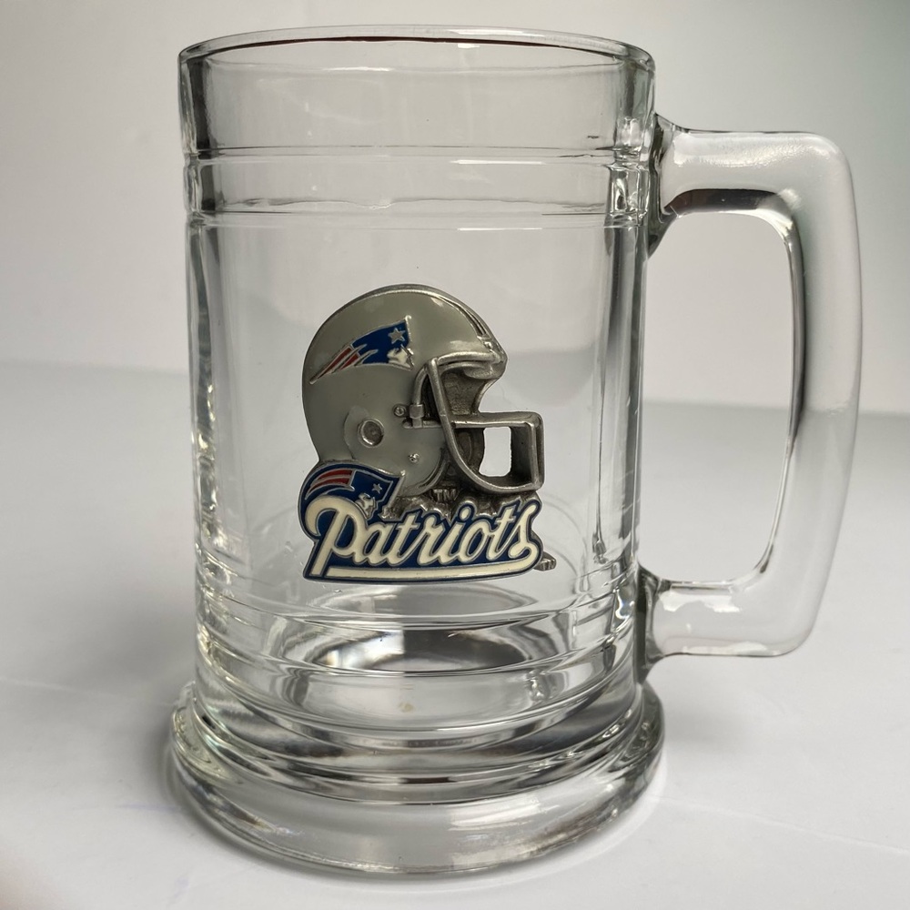 New England Patriots Beer Mug Stein Metal Helmet Clear Glass EUC Football